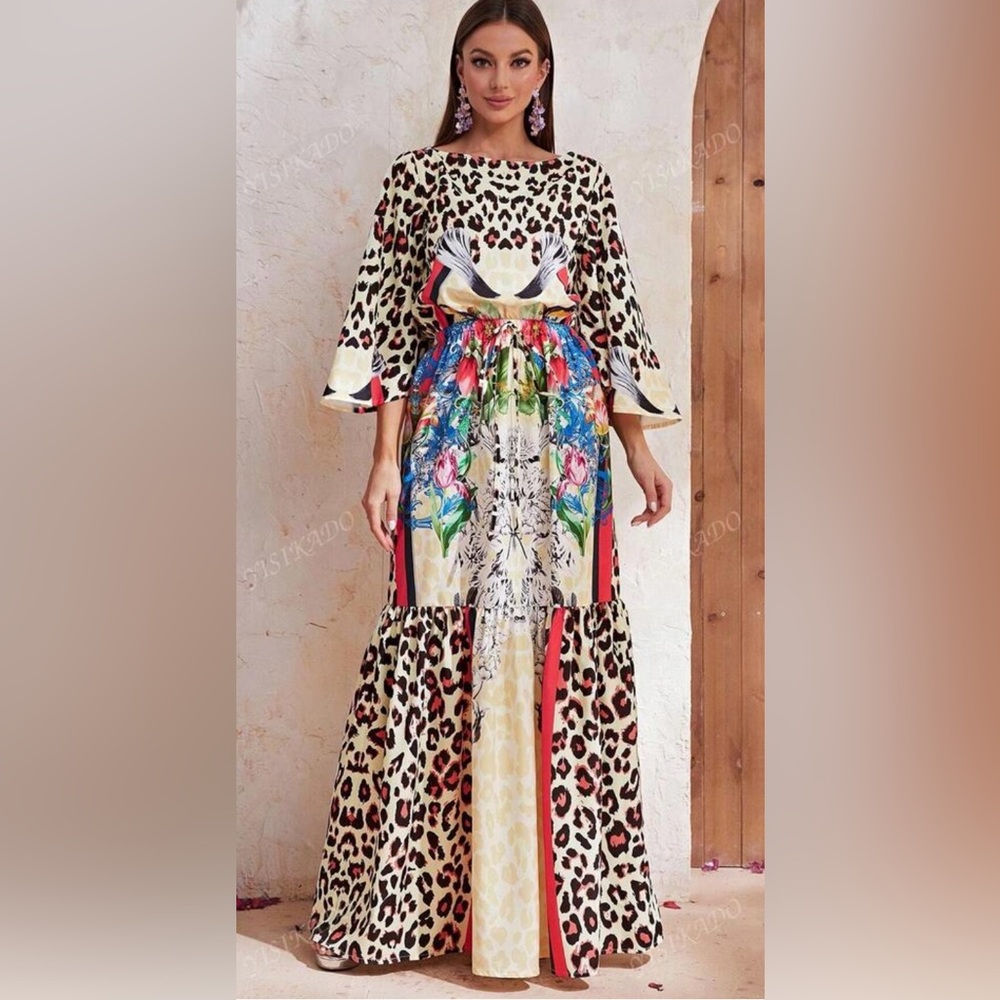 *Flaw* NEW Giffniseti Leopard Floral Boho Maxi Dress Plus Size 2XL Patchwork